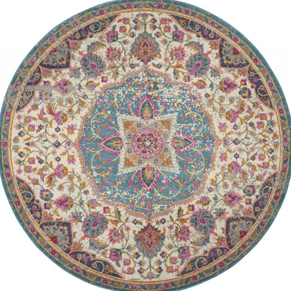 HomeRoots 5' Ivory and Blue Medallion Area Rug – Elegant Traditional Design for Living Room or Dining Space 5' Round 385532
