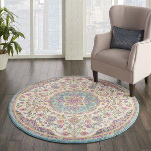 HomeRoots 5' Ivory and Blue Medallion Area Rug – Elegant Traditional Design for Living Room or Dining Space 5' Round 385532