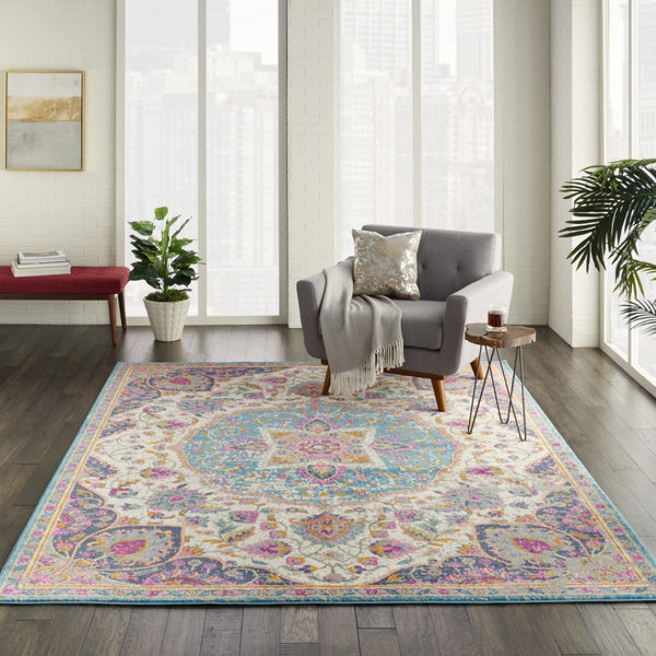 HomeRoots 5' Ivory and Blue Medallion Area Rug – Elegant Traditional Design for Living Room or Dining Space 7' x 10' 385533