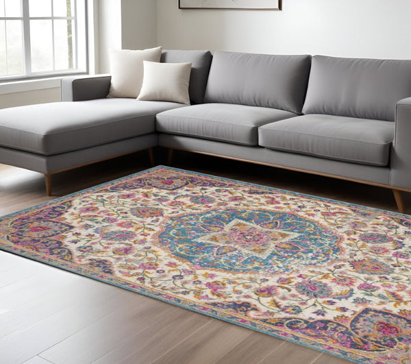 HomeRoots 5' Ivory and Blue Medallion Area Rug – Elegant Traditional Design for Living Room or Dining Space 7' x 10' 385533
