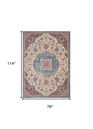 HomeRoots 5' Ivory and Blue Medallion Area Rug – Elegant Traditional Design for Living Room or Dining Space 7' x 10' 385533