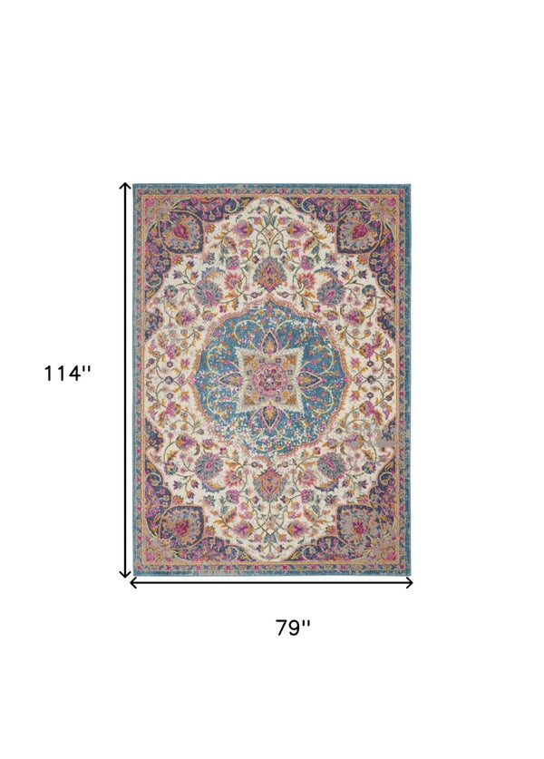 HomeRoots 5' Ivory and Blue Medallion Area Rug – Elegant Traditional Design for Living Room or Dining Space 7' x 10' 385533