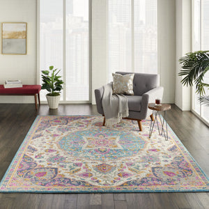 HomeRoots 5' Ivory and Blue Medallion Area Rug – Elegant Traditional Design for Living Room or Dining Space 8' x 10' 385534
