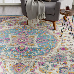 HomeRoots 5' Ivory and Blue Medallion Area Rug – Elegant Traditional Design for Living Room or Dining Space 8' x 10' 385534