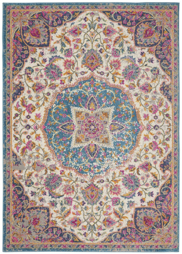 HomeRoots 5' Ivory and Blue Medallion Area Rug – Elegant Traditional Design for Living Room or Dining Space 8' x 10' 385534