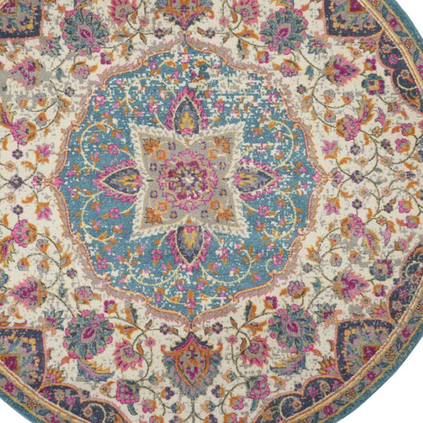 HomeRoots 5' Ivory and Blue Medallion Area Rug – Elegant Traditional Design for Living Room or Dining Space 8' Round 385535