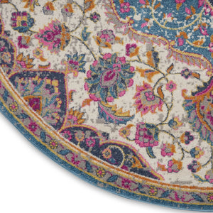 HomeRoots 5' Ivory and Blue Medallion Area Rug – Elegant Traditional Design for Living Room or Dining Space 8' Round 385535