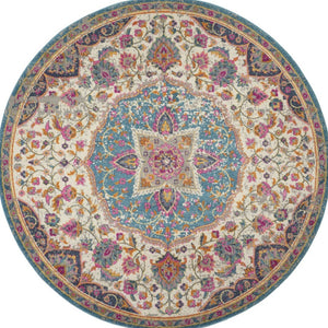 HomeRoots 5' Ivory and Blue Medallion Area Rug – Elegant Traditional Design for Living Room or Dining Space 8' Round 385535
