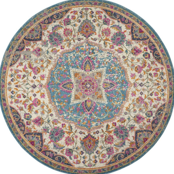 HomeRoots 5' Ivory and Blue Medallion Area Rug – Elegant Traditional Design for Living Room or Dining Space 8' Round 385535