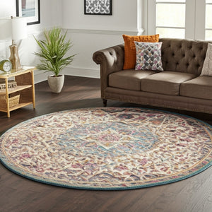 HomeRoots 5' Ivory and Blue Medallion Area Rug – Elegant Traditional Design for Living Room or Dining Space 8' Round 385535