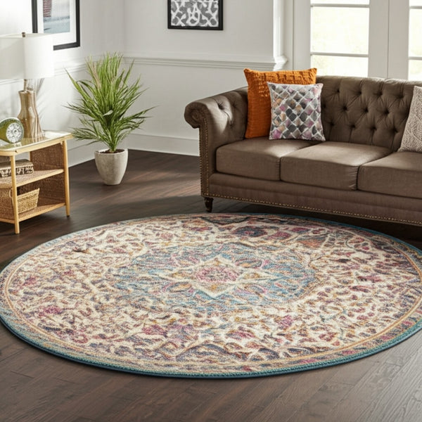 HomeRoots 5' Ivory and Blue Medallion Area Rug – Elegant Traditional Design for Living Room or Dining Space 8' Round 385535