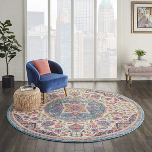 HomeRoots 5' Ivory and Blue Medallion Area Rug – Elegant Traditional Design for Living Room or Dining Space 8' Round 385535