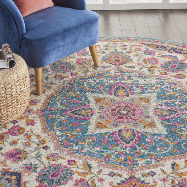 HomeRoots 5' Ivory and Blue Medallion Area Rug – Elegant Traditional Design for Living Room or Dining Space 8' Round 385535