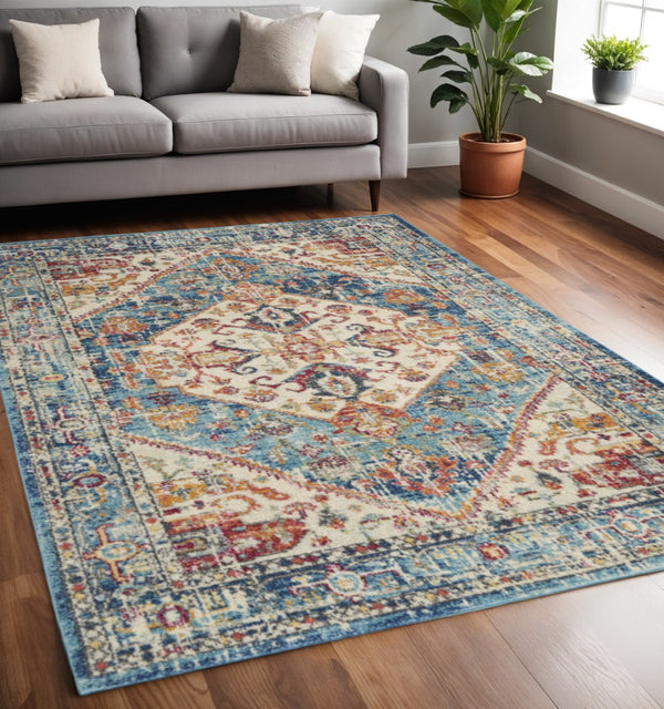 HomeRoots 5' Elegant Ivory and Blue Oriental Distressed Area Rug – Timeless Style for Any Room Décor 5?x7? 385550