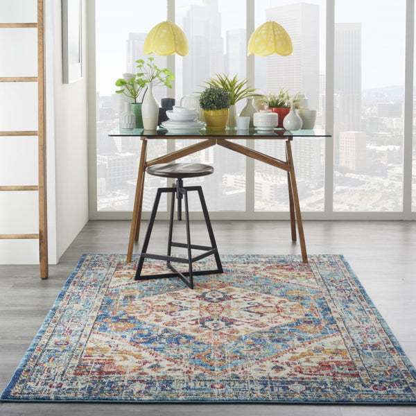 HomeRoots 5' Elegant Ivory and Blue Oriental Distressed Area Rug – Timeless Style for Any Room Décor 5?x7? 385550
