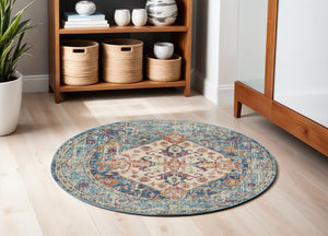 HomeRoots 5' Elegant Ivory and Blue Oriental Distressed Area Rug – Timeless Style for Any Room Décor 5? 385551