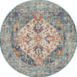 Homeroots 5' Blue And Ivory Round Power Loom Area Rug  Polypropylene 385551