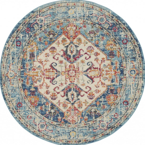 Homeroots 5' Blue And Ivory Round Power Loom Area Rug  Polypropylene 385551