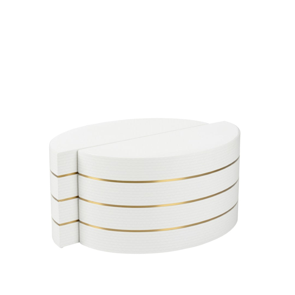 Chelsea House Mezzaluna Curved Bunching Tables Set Of 2 — Textured White Lacquer Weave With Antique Brass Trim, Sculptural Accent 385552