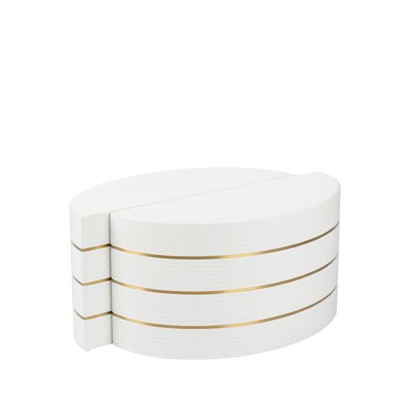 Chelsea House Mezzaluna Curved Bunching Tables Set Of 2 — Textured White Lacquer Weave With Antique Brass Trim, Sculptural Accent 385552