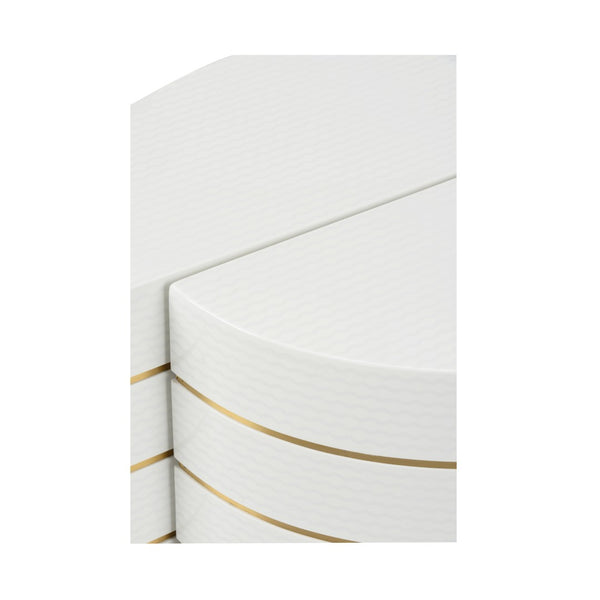 Chelsea House Mezzaluna Curved Bunching Tables Set Of 2 — Textured White Lacquer Weave With Antique Brass Trim, Sculptural Accent 385552