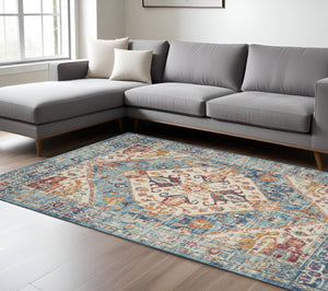 HomeRoots 5' Elegant Ivory and Blue Oriental Distressed Area Rug – Timeless Style for Any Room Décor 7?x10? 385552