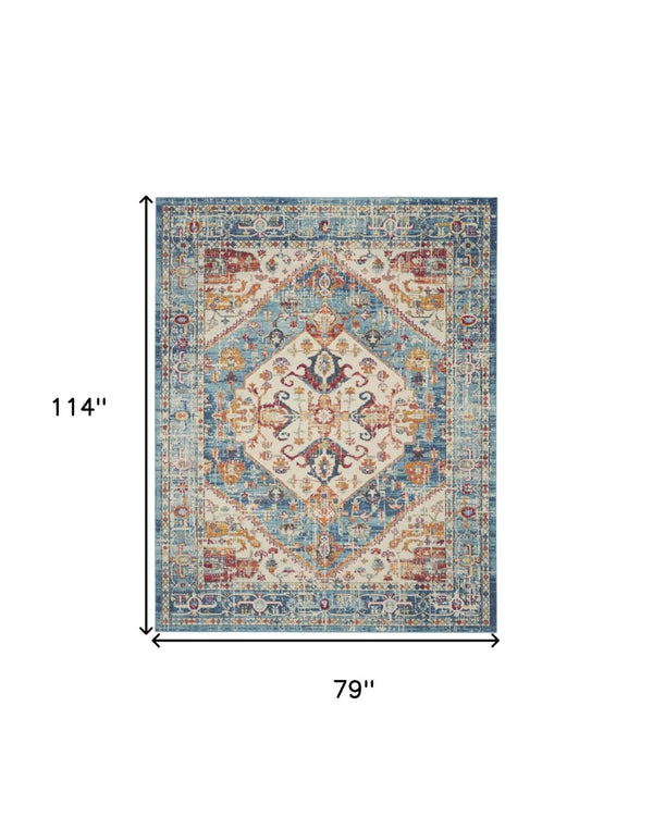 HomeRoots 5' Elegant Ivory and Blue Oriental Distressed Area Rug – Timeless Style for Any Room Décor 7?x10? 385552
