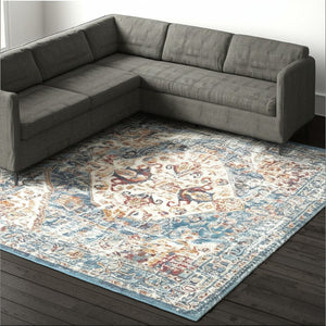 HomeRoots 5' Elegant Ivory and Blue Oriental Distressed Area Rug – Timeless Style for Any Room Décor 8?x10? 385553