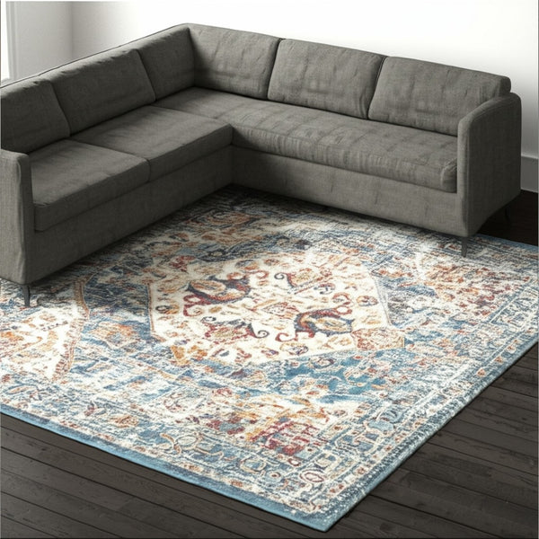 HomeRoots 5' Elegant Ivory and Blue Oriental Distressed Area Rug – Timeless Style for Any Room Décor 8?x10? 385553