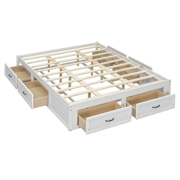 English Elm Queen Platform Bed with Six Storage Drawers Low Profile Frame for Modern Bedrooms Antique White N708P263022K-1