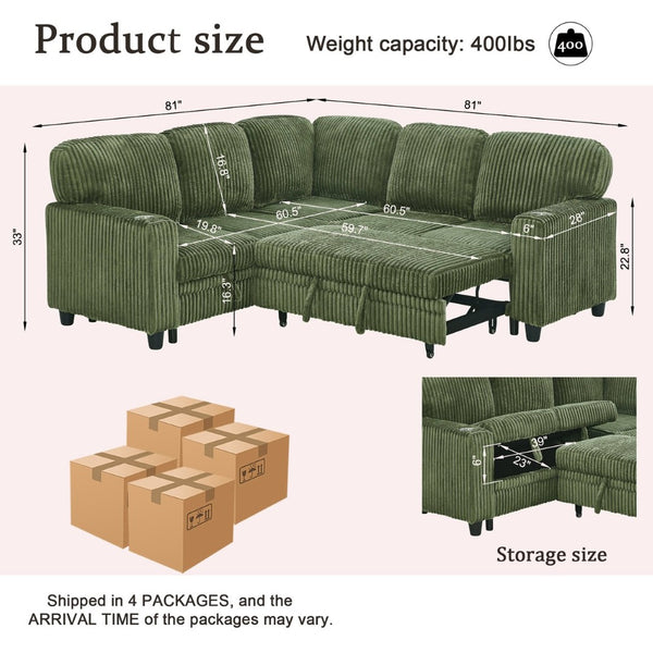 English Elm L-shaped Sectional Sleeper Sofa with Hidden Storage Usb Charging Corduroy Upholstery Olive Green W1998S00095