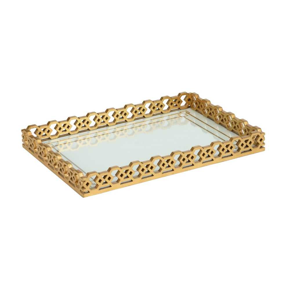Chelsea House Alexis Art Deco Chain-Pattern Serving Tray With Satin Gold Finish, Glass Bottom For Luxe Styling 385561