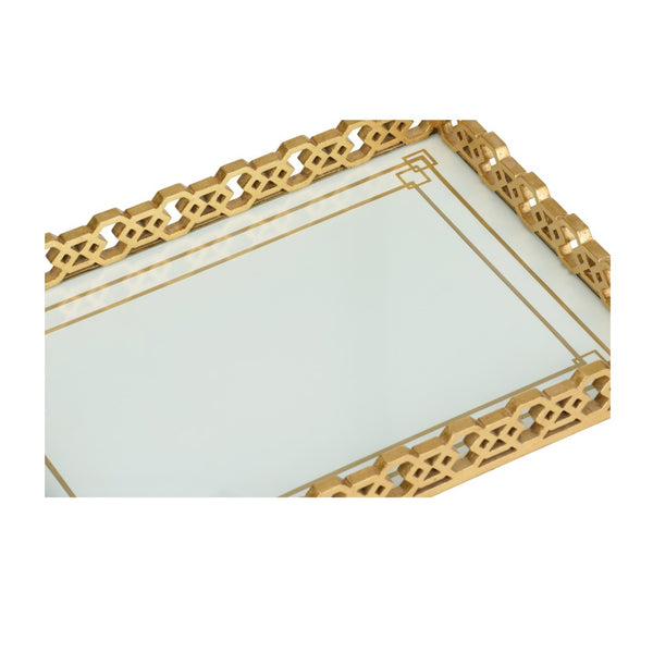 Chelsea House Alexis Art Deco Chain-Pattern Serving Tray With Satin Gold Finish, Glass Bottom For Luxe Styling 385561