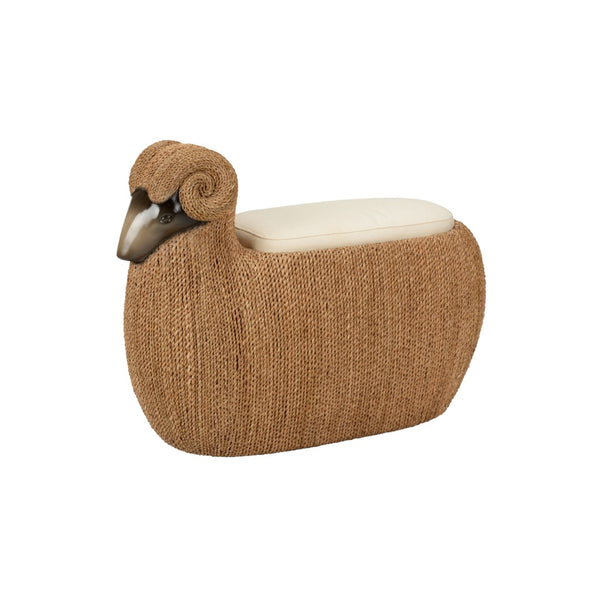 Chelsea House Ram Ram Stool Braided Seagrass Accent Seat With Cream Muslin Cushion — Sculptural Footrest & Storage Surface 385562