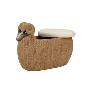 Chelsea House Ram Ram Stool Braided Seagrass Accent Seat With Cream Muslin Cushion — Sculptural Footrest & Storage Surface 385562
