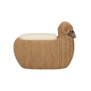 Chelsea House Ram Ram Stool Braided Seagrass Accent Seat With Cream Muslin Cushion — Sculptural Footrest & Storage Surface 385562