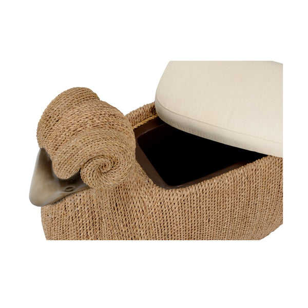 Chelsea House Ram Ram Stool Braided Seagrass Accent Seat With Cream Muslin Cushion — Sculptural Footrest & Storage Surface 385562