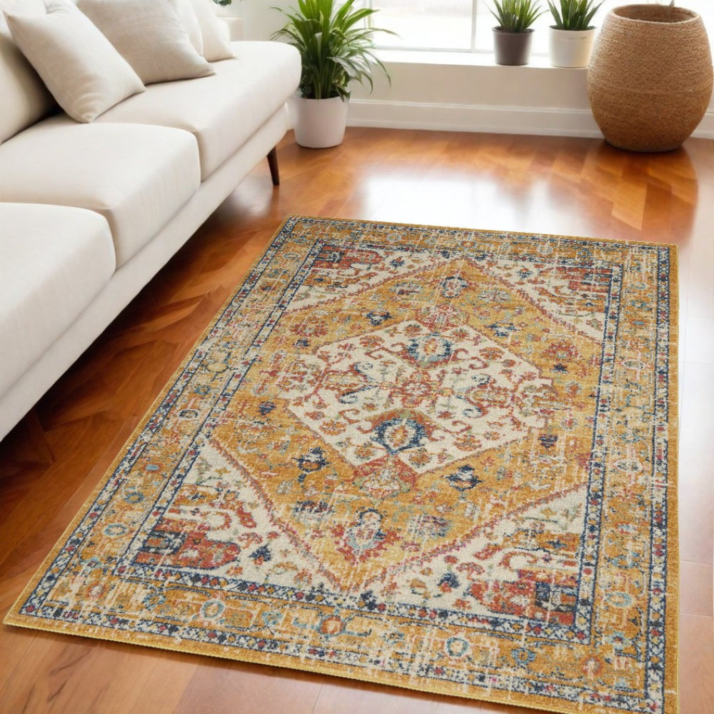 HomeRoots 5' Floral Medallion Area Rug in Yellow and Ivory - Elegant, Durable, and Comfortable for Any Space 5' x 7' 385564