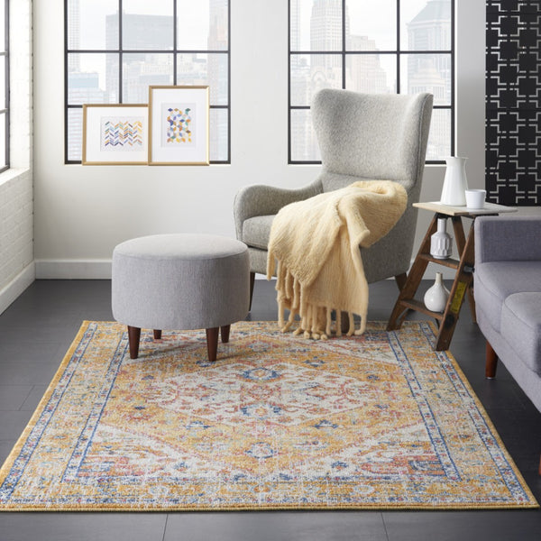 HomeRoots 5' Floral Medallion Area Rug in Yellow and Ivory - Elegant, Durable, and Comfortable for Any Space 5' x 7' 385564