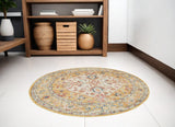 Homeroots 5' Yellow And Ivory Round Floral Medallion Shag Area Rug  Polypropylene 385565