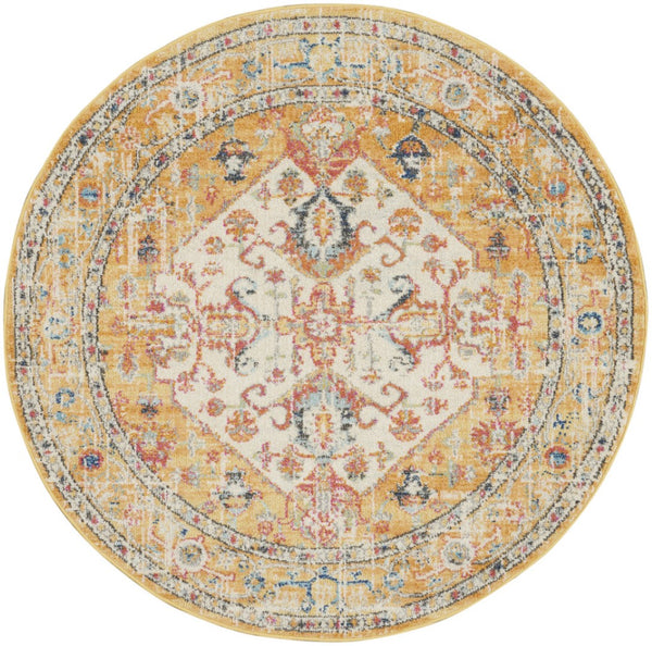 HomeRoots 5' Floral Medallion Area Rug in Yellow and Ivory - Elegant, Durable, and Comfortable for Any Space 5' Round 385565