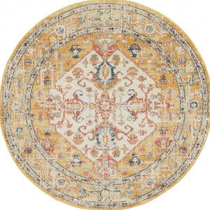 Homeroots 5' Yellow And Ivory Round Floral Medallion Shag Area Rug  Polypropylene 385565