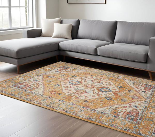 HomeRoots 5' Floral Medallion Area Rug in Yellow and Ivory - Elegant, Durable, and Comfortable for Any Space 7' x 10' 385566