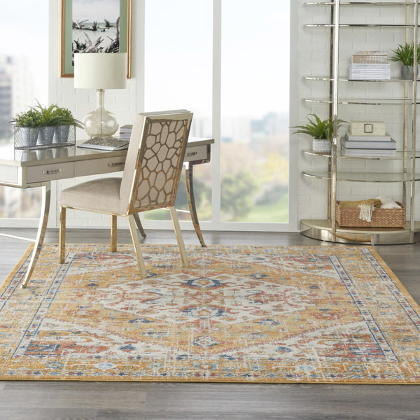 HomeRoots 5' Floral Medallion Area Rug in Yellow and Ivory - Elegant, Durable, and Comfortable for Any Space 7' x 10' 385566