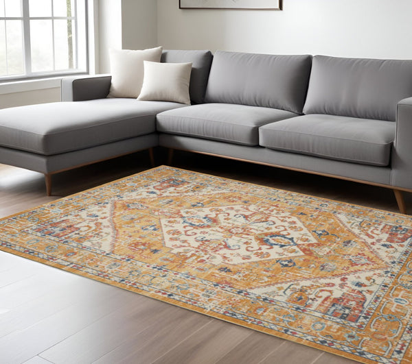 HomeRoots 5' Floral Medallion Area Rug in Yellow and Ivory - Elegant, Durable, and Comfortable for Any Space 8' x 10' 385567