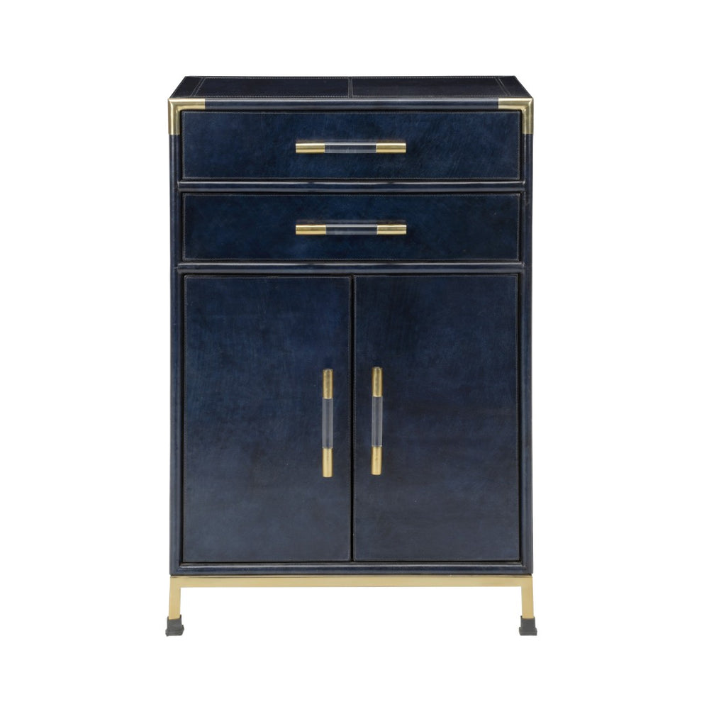 Chelsea House Atticus Midnight Blue Leather Cabinet With Satin Brass Accents, Compact Storage Chest For Bedroom 385569