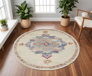 HomeRoots 8' Gray and Ivory Medallion Distressed Rug - Timeless Design for Modern Living Spaces and Durability 8' Round 385575