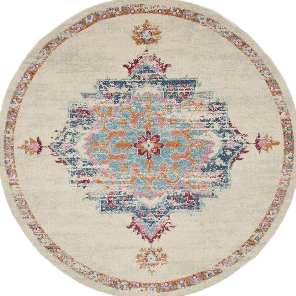 HomeRoots 8' Gray and Ivory Medallion Distressed Rug - Timeless Design for Modern Living Spaces and Durability 8' Round 385575