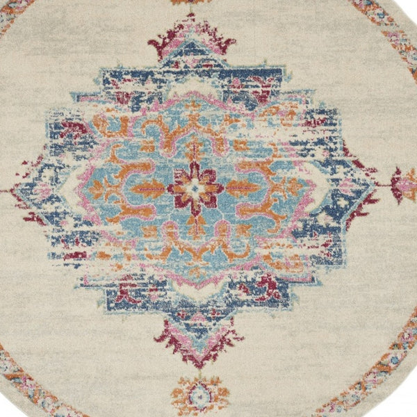 HomeRoots 8' Gray and Ivory Medallion Distressed Rug - Timeless Design for Modern Living Spaces and Durability 8' Round 385575