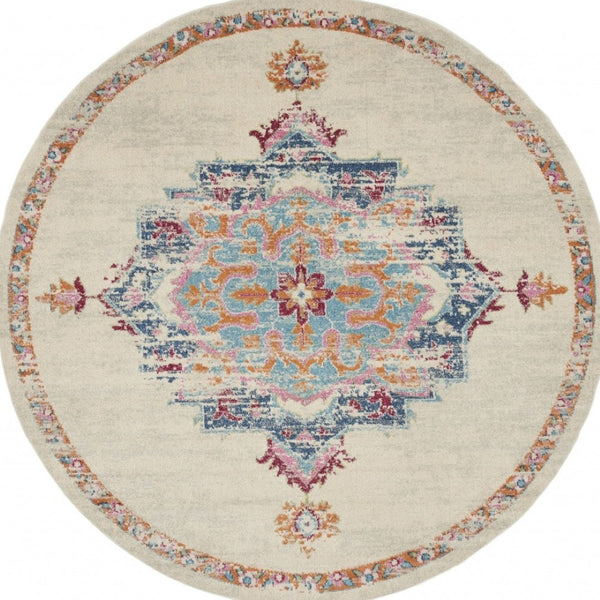 HomeRoots 8' Gray and Ivory Medallion Distressed Rug - Timeless Design for Modern Living Spaces and Durability 8' Round 385575